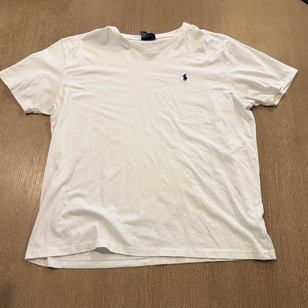 Polo Ralph Lauren Mens White V-Neck Short Sleeve T-Shirt XL Navy Pony Logo